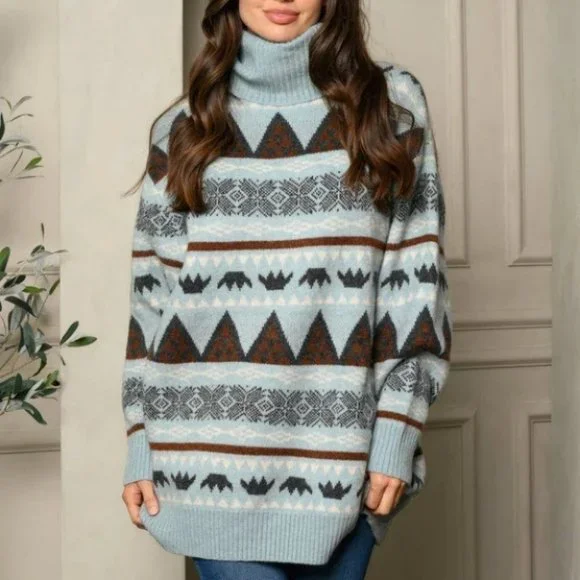 TURTLE NECK MULTI PRINT SWEATER Blue WOMEN'S - Picture 2 of 4